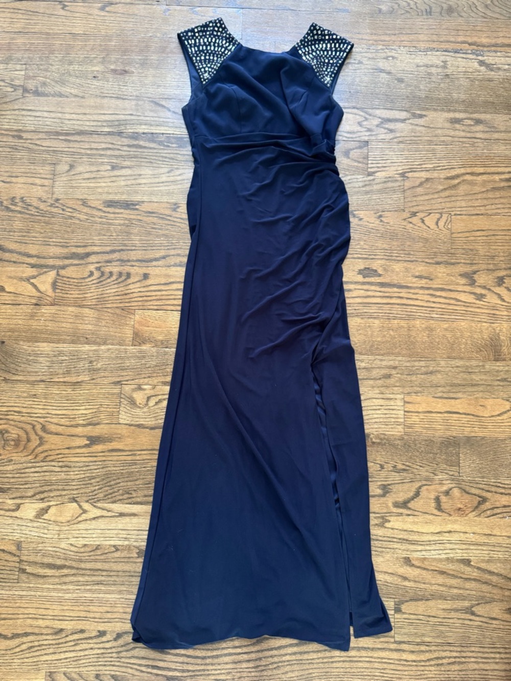 Xscape Navy Embellished Shoulder Ruched Gown Size 8
